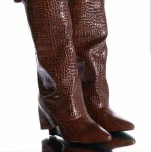 Brown vegan croc leather wedge boots
